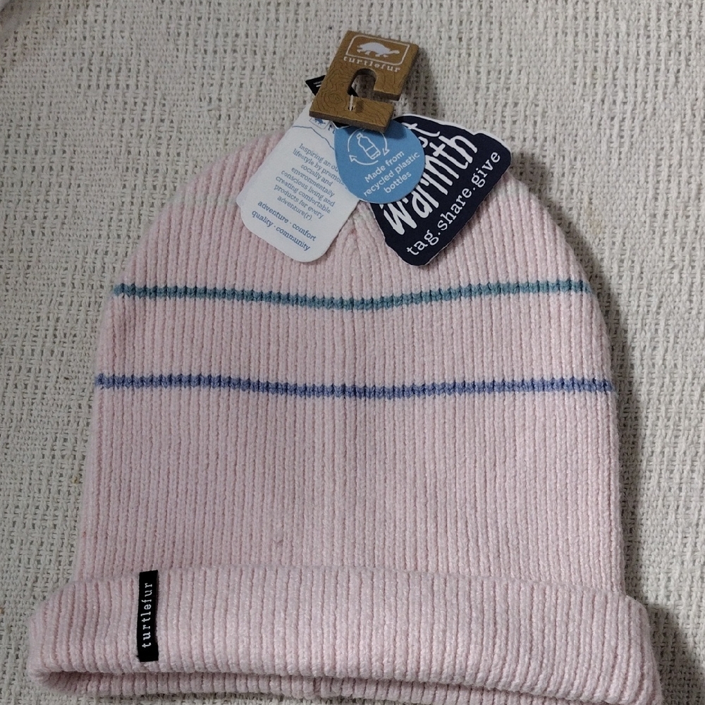 NWT Turtle Fur Womens Pink Striped Hat Made From Recycled Plastic Bottles